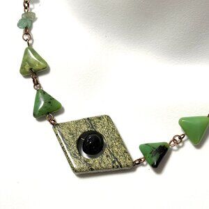 Geometric Green Serpentine Chalcedony Necklace, Genuine Gemstone Copper Chain